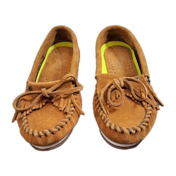 Minnetonka Tan Moccasins, Suede Slip On Comfort Flats Women's Size 7.5 - Picture 1 of 8